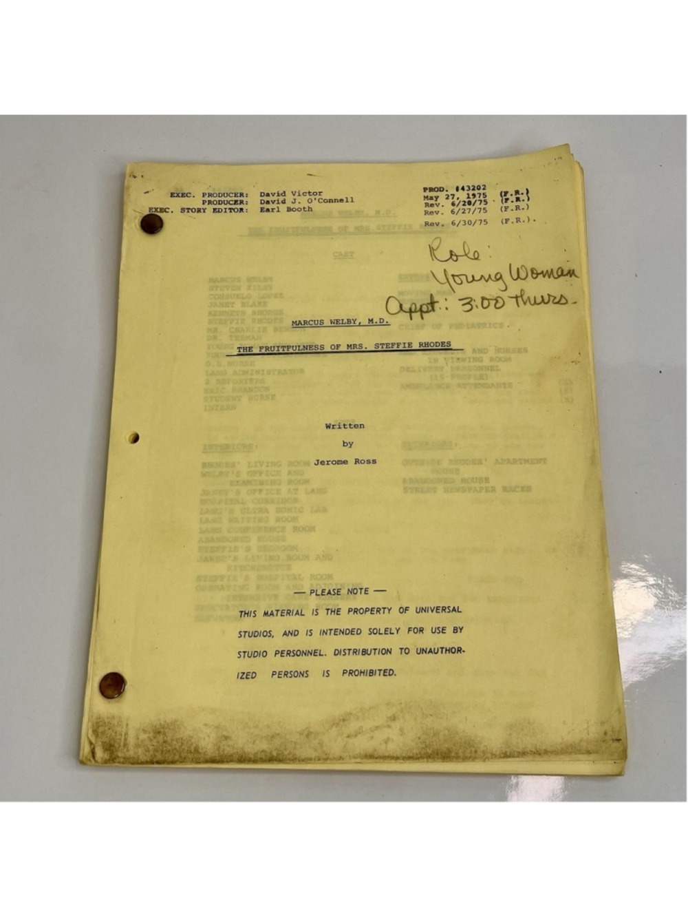 Marcus Welby, MD Television Script The Fruitfulness Of Mrs. Steffie Rhodes US